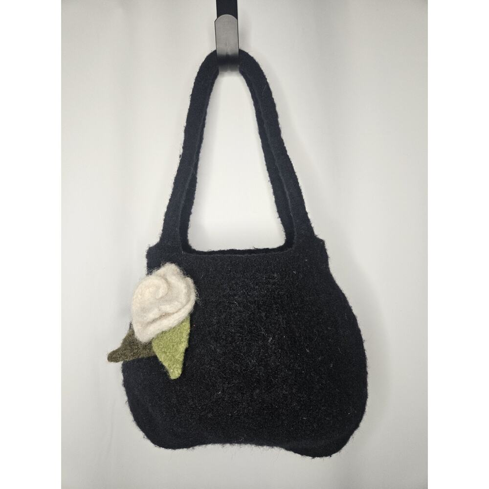 Vintage Wool Tote Bag Black w White Flower Accent Cottage Handbag Grannycore